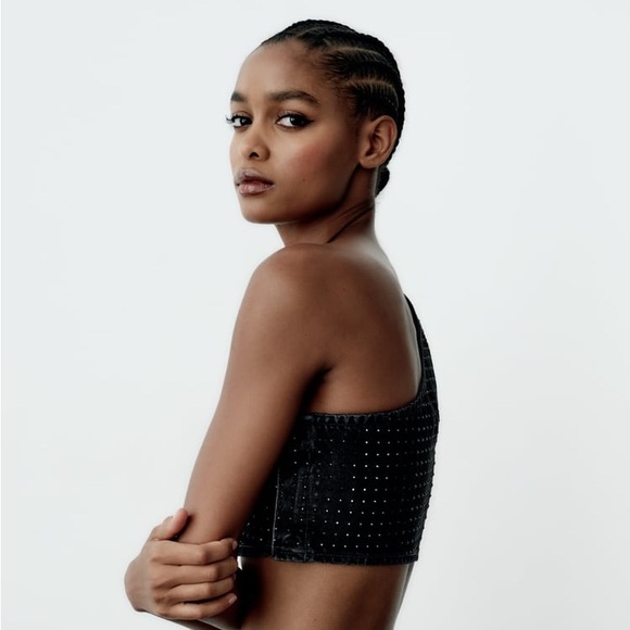 ZARA RHINESTONE TRF DENIM CROP TOP - Picture 7 of 10